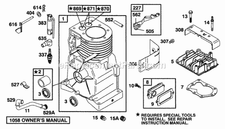 Cylinder Head Diagram and Parts List for 093232-0040-01  Briggs and Stratton Engine